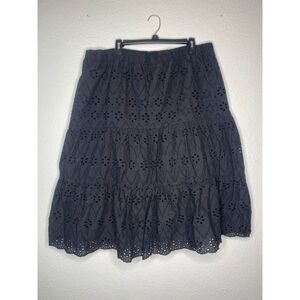 Susan Graver womens black cotton eyelet knee length skirt a-line cottage XL